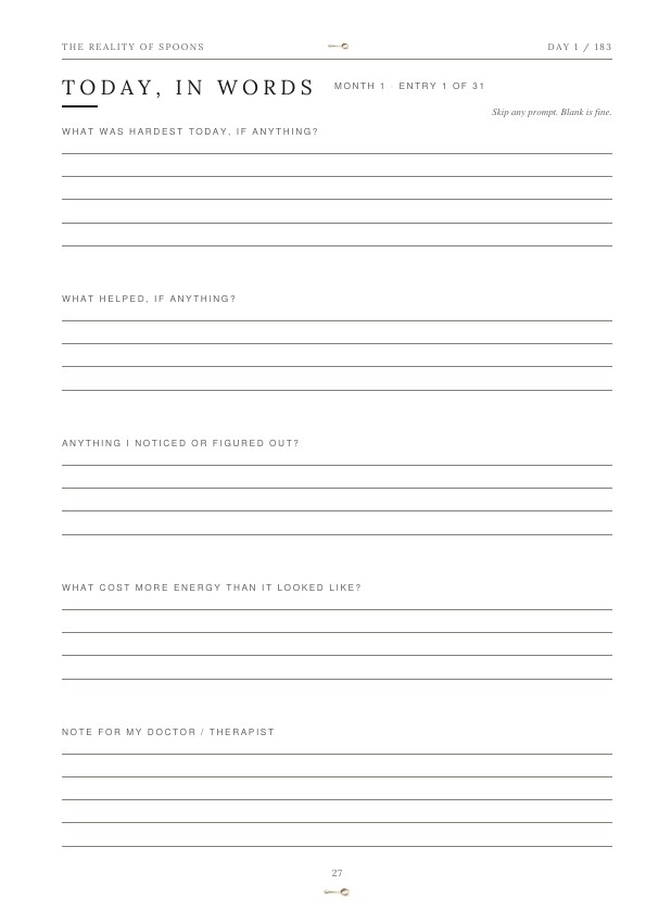Journal page 27: lined space for what was hardest, what helped and notes for a doctor or therapist